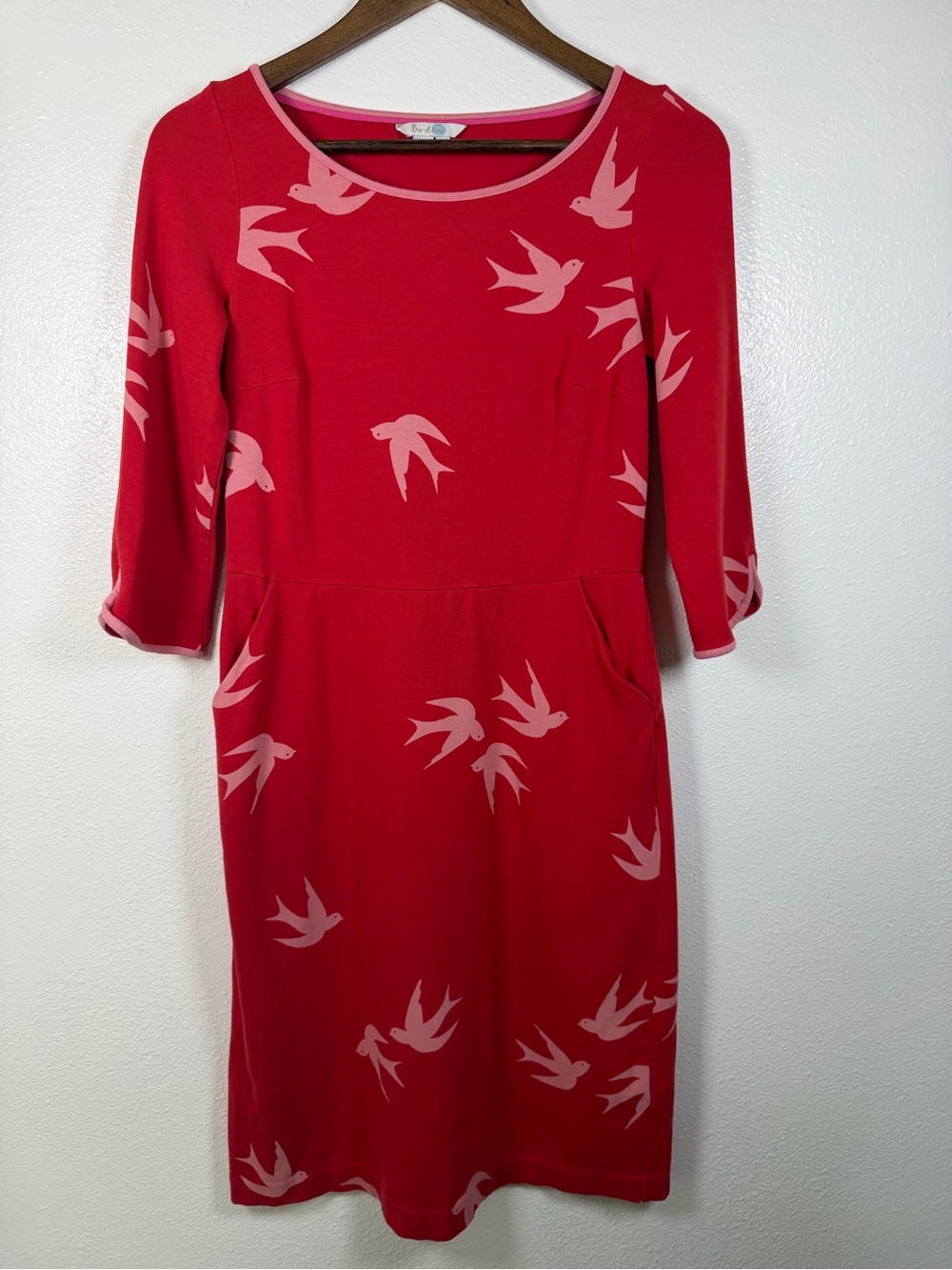 Boden Red Bird Print Jersey Dress with Pockets 3/4 Sleeve